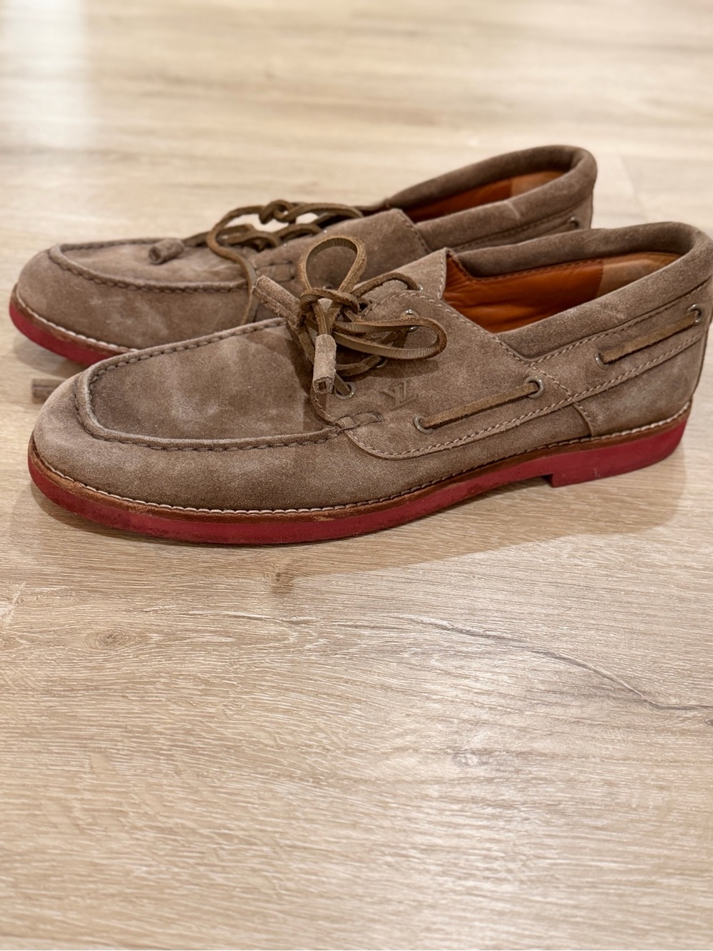 Louis Vuitton Men's Suede Boat Shoes in Taupe with Red Sole
